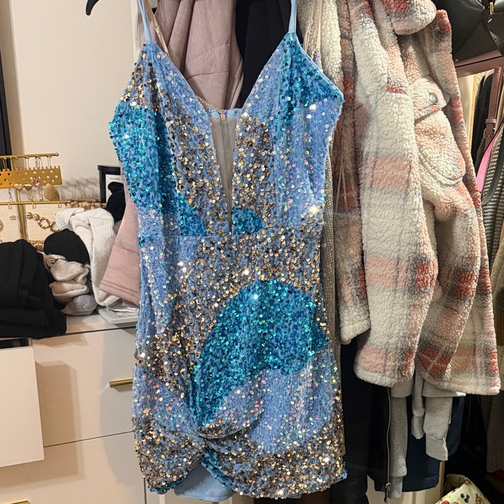 Portia and Scarlett Blue and Gold Sequin Mini Dress